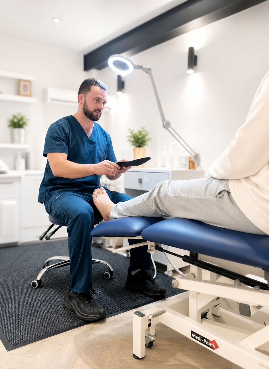 Podiatrist assessing a patient’s foot in a bright treatment room at Dunford Health in Whitchurch