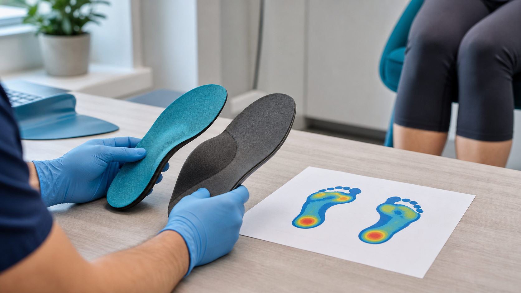 Podiatrist comparing custom orthotic insoles with a foot pressure assessment