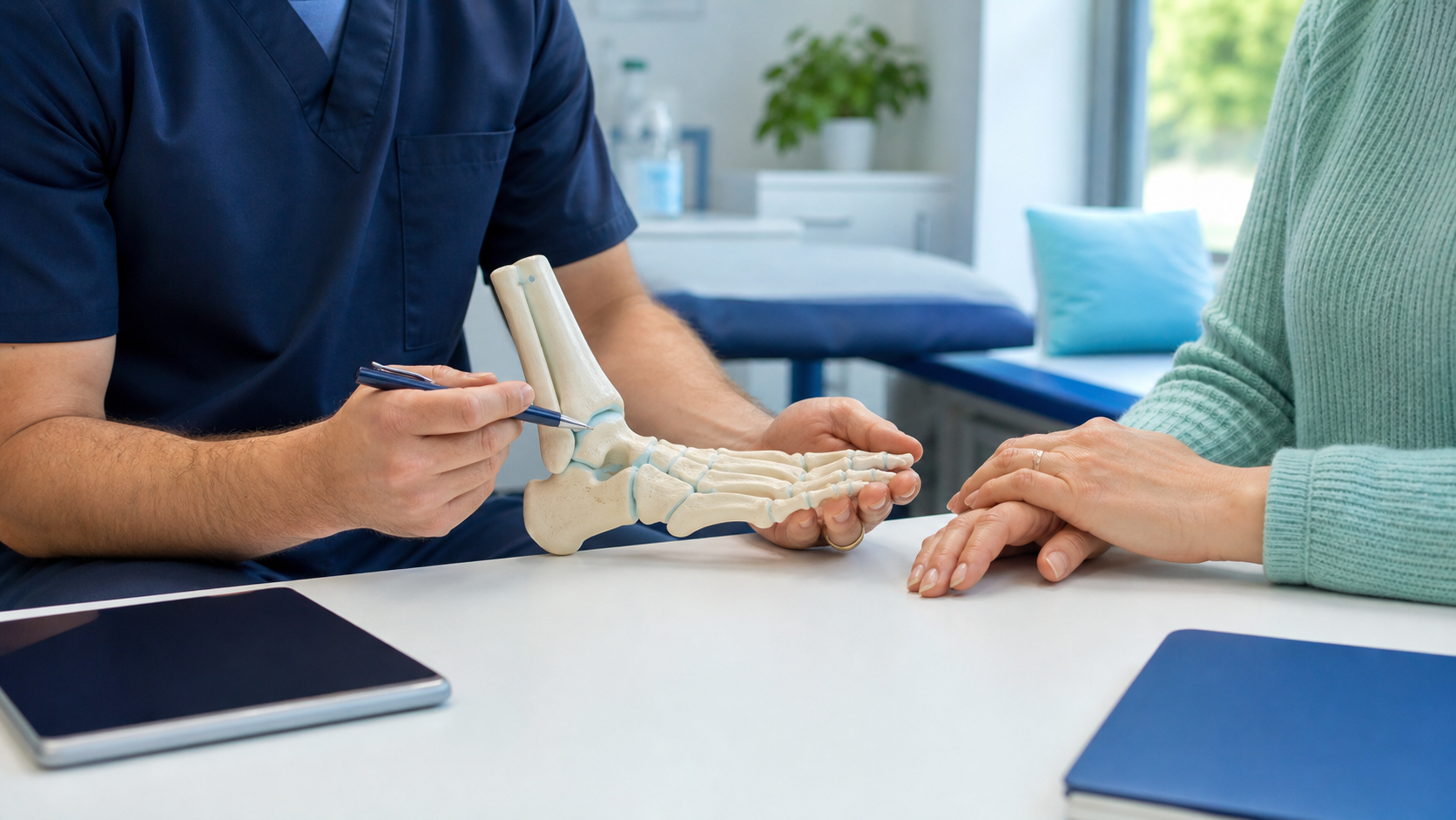 Podiatrist explaining a foot model during a face-free clinic consultation